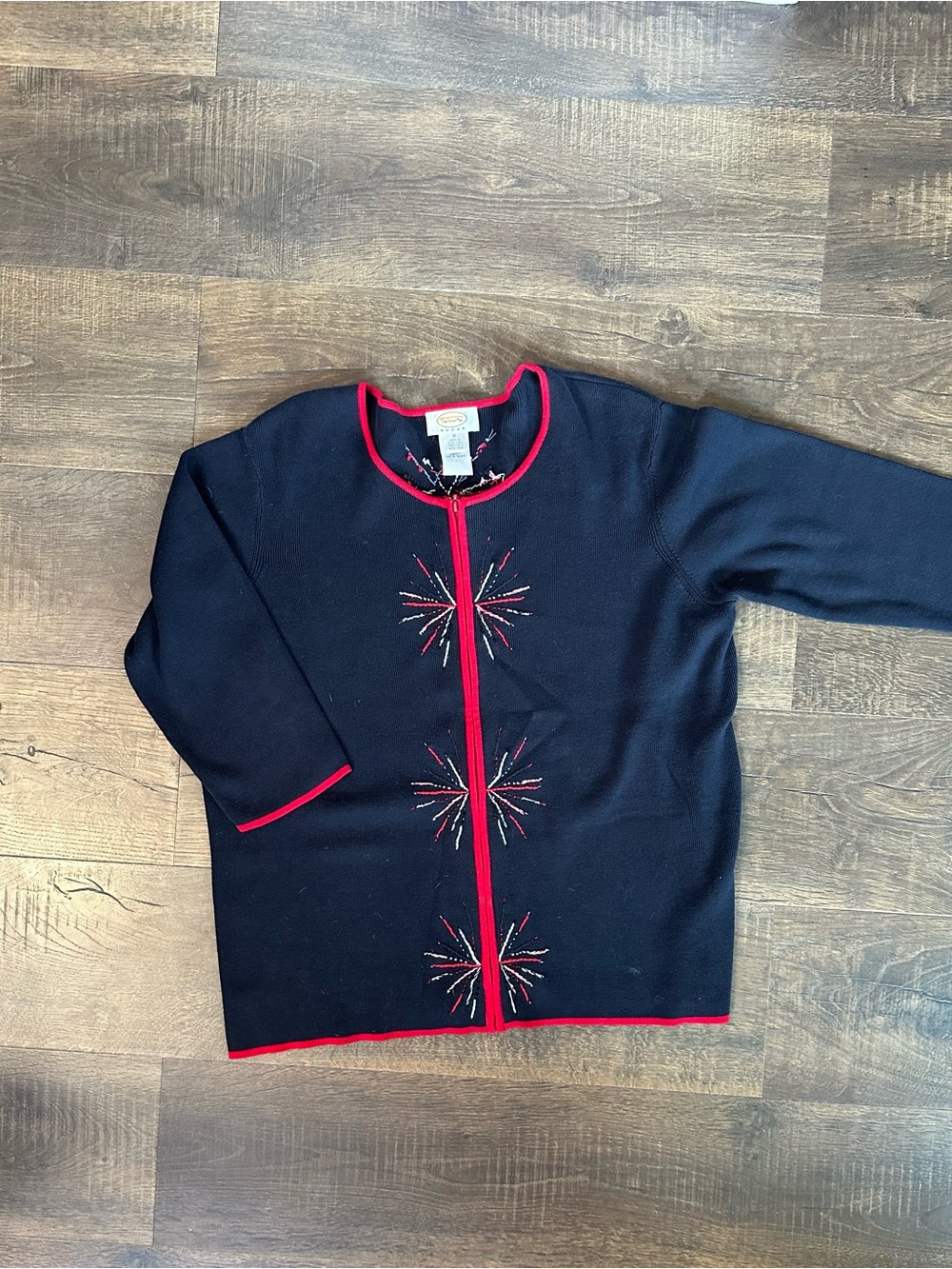 Talbots Woman Embroidered Zip Cardigan Sweater Black Red Size X